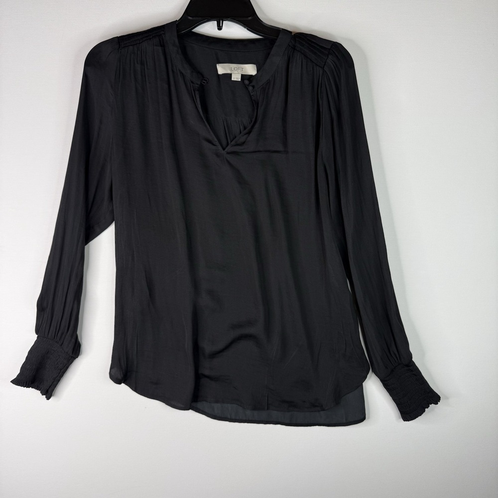 Loft Black Silky Top Small Stretch Cuffs Long Sleeve